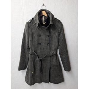 Soia & Kyo Wool Blend Houndstooth Tweed Belted Pea Coat Jacket Size Medium